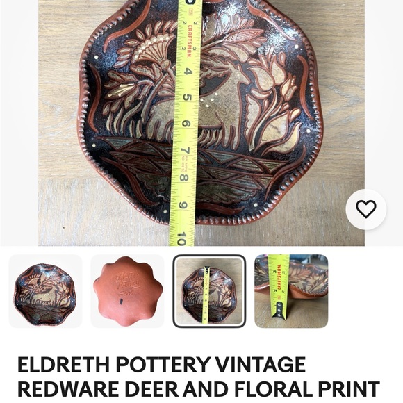 ELDRETH POTTERY VINTAGE
REDWARE DEER AND FLORAL PRINT WAVE EDGE DECORATIVE BOWL - Picture 3 of 5